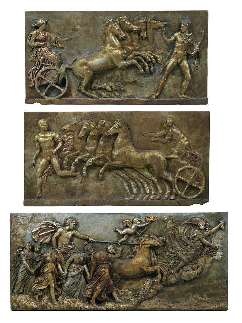 3 Caproni & Bro. Relief Plaques of Charioteers: Three P.P. Caproni and Brother, Boston, Bronzed Plaster Relief Plaques of Chariot Races ca. 1900, after the reliefs discovered in the ruins of Herculaneum and now conserved at the Museo Archeologico N