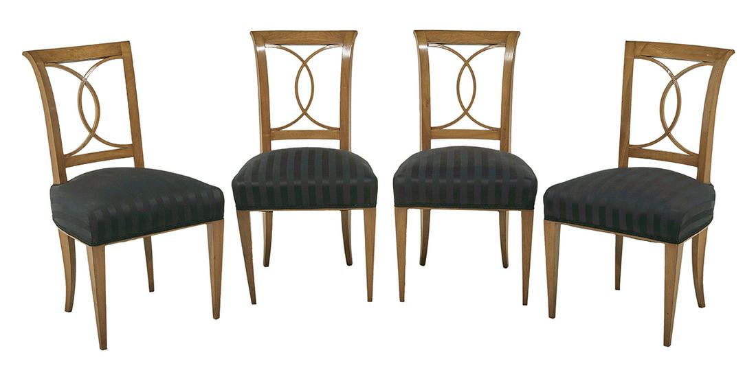 Suite of Four Biedermeier Birch Side Chairs: Suite of Four Biedermeier Birch Side Chairs early 19th century, each with a concave crest rail over a pair of overlapping arcs, and tapering front legs, now in black striped upholstery. h. 33-1/2"