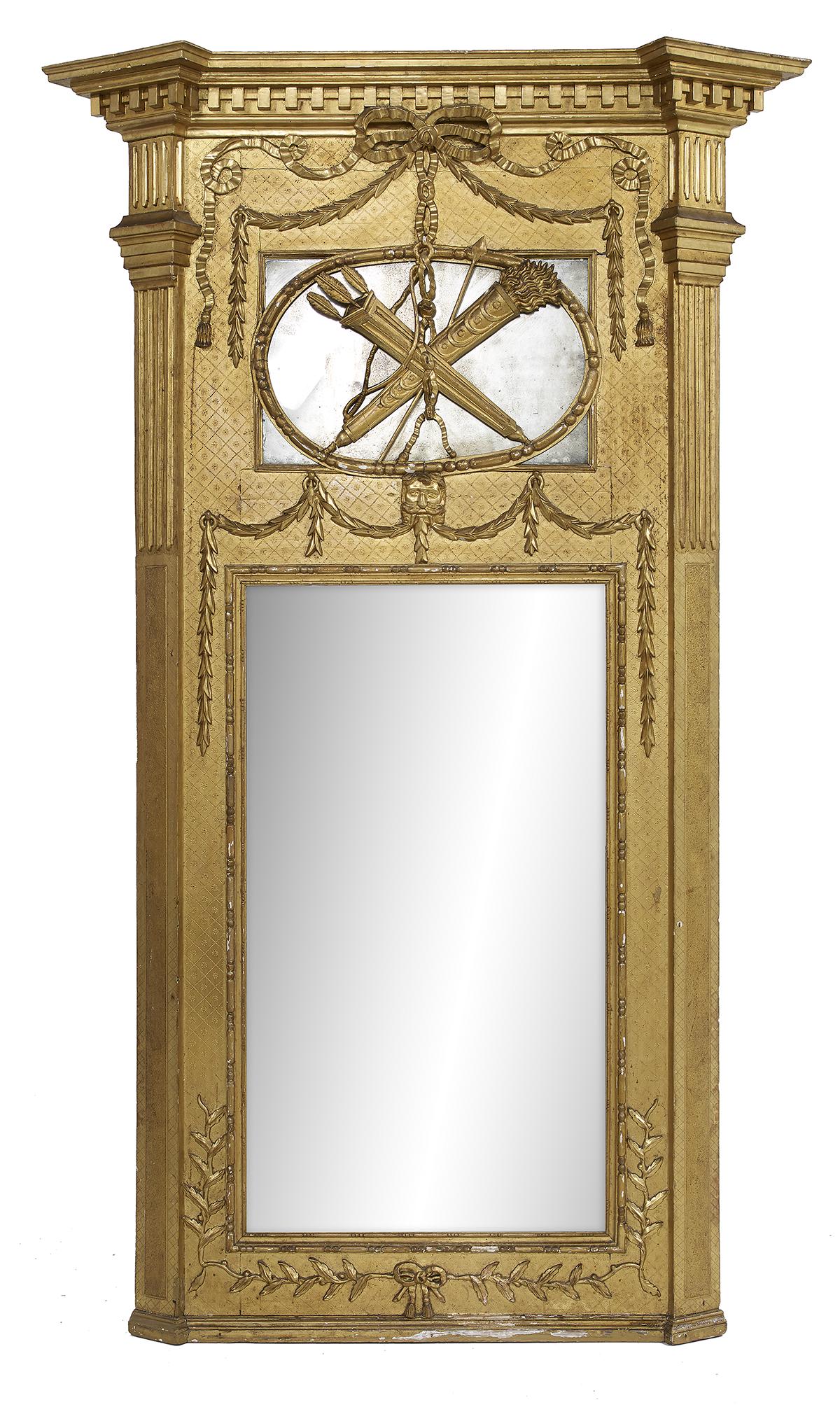 Large Giltwood Trumeau Mirror: Large Giltwood Trumeau Mirror in the Louis XVI Taste ca. 1900, with a large molded and dentillated projecting cornice above a ribbon-carved frieze and quiver with arrows applied to the upper mirror, t