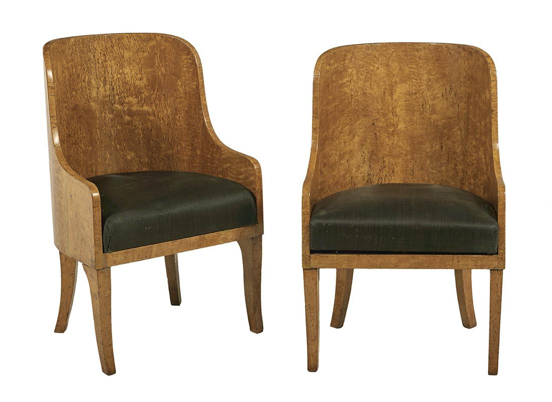 Pair of Biedermeier Gnarled Birch Armchairs: Pair of Biedermeier Gnarled Birch Armchairs second quarter 19th century, each of barrel-back form, the figured backs wrapping around to closed arms, with saber-form legs, now in black horsehair uphols