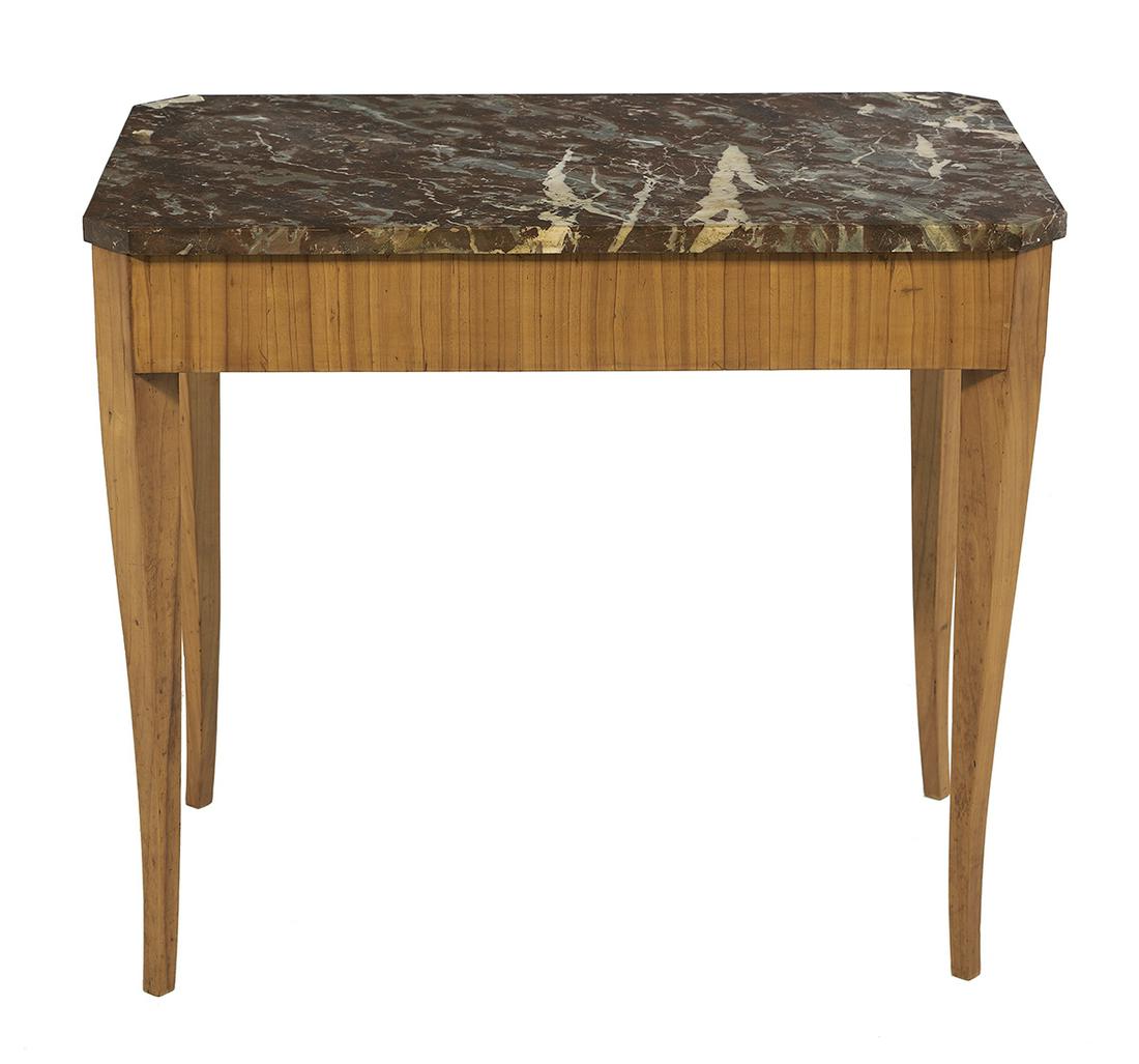 Biedermeier Fruitwood and Marble-Top Center Table: Biedermeier Fruitwood and Marble-Top Center Table 19th century, the variegated rouge, gray and white marble top with canted corners, over a conforming apron, raised on tapering and gently flaring legs