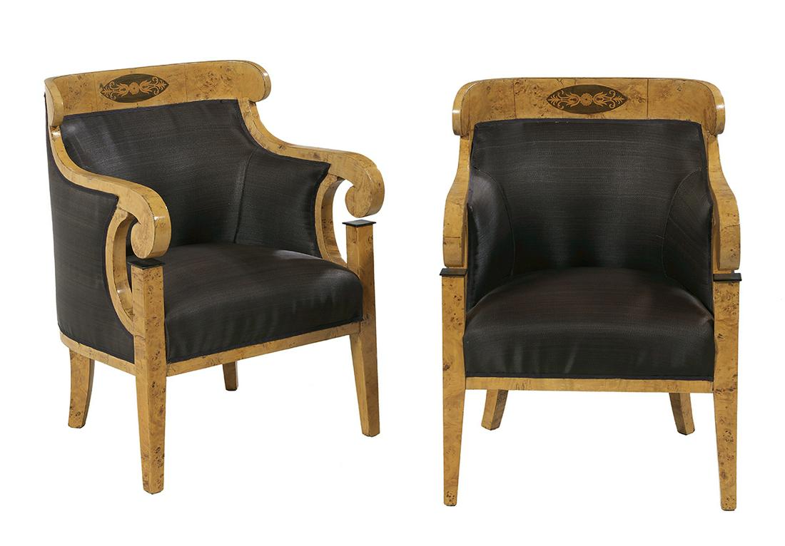 Pair of Biedermeier Marquetry-Inlaid Armchairs: Pair of Biedermeier Marquetry-Inlaid Gnarled Birch Armchairs second quarter 19th century, Vienna, each with a concave top rail with an oval inlaid panel, joined to closed arms with scroll ends, raised