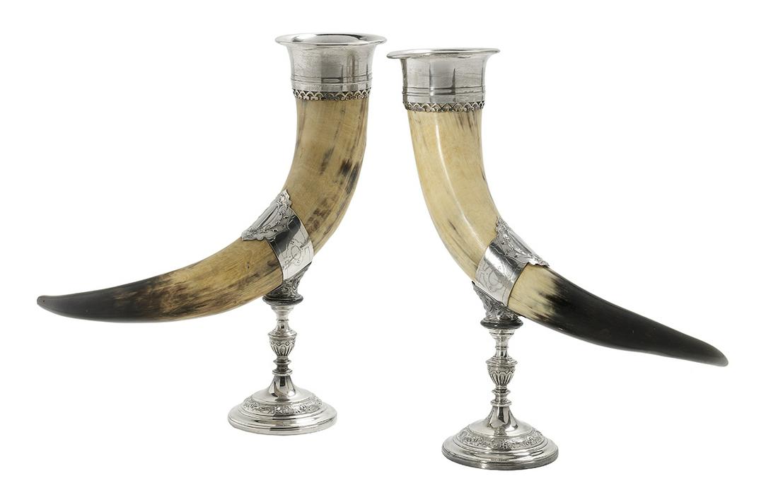 Pair of WMF Silverplate-Mounted Libation Horns: Pair of WMF Silverplate-Mounted Libation Horns first quarter 20th century, Wuerttembergische Metallwarenfabrik, each with curved horn mounted in silverplate collars and raised on a knopped standard ab