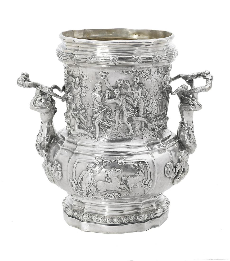 German Silver Wine Cooler After Meissonnier: German Silver Wine Cooler After Meissonnier ca. 1900, Hanauer Silberwaren-Manufaktur, Hanau, probably .800 silver, after the 1723 design by Juste-Aurele Meissonnier (1695-1750) for Louis Henri de Bour