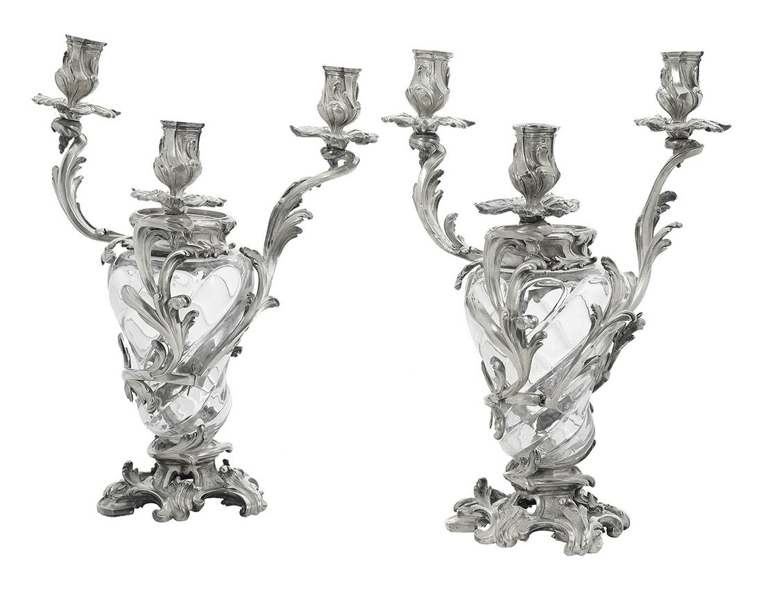 Pair of French Silver & Crystal Candelabra Vases: Fine Pair of French Belle Epoque Silver and Crystal Candelabra Vases ca. 1900, Paris, the silver by Andre Aucoc (1856-1911), the crystal probably Baccarat, with a central waisted and spiral-gadrooned 
