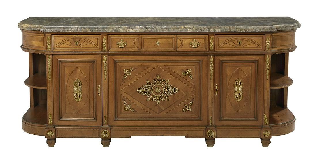 Empire-Style Ormolu-Mounted Marble-Top Sideboard: Empire-Style Fruitwood-Inlaid, Ormolu-Mounted and Marble-Top Sideboard ca. 1900, of large scale, the stepped and shaped marble top over a conforming case with a row of three drawers and three cabinets