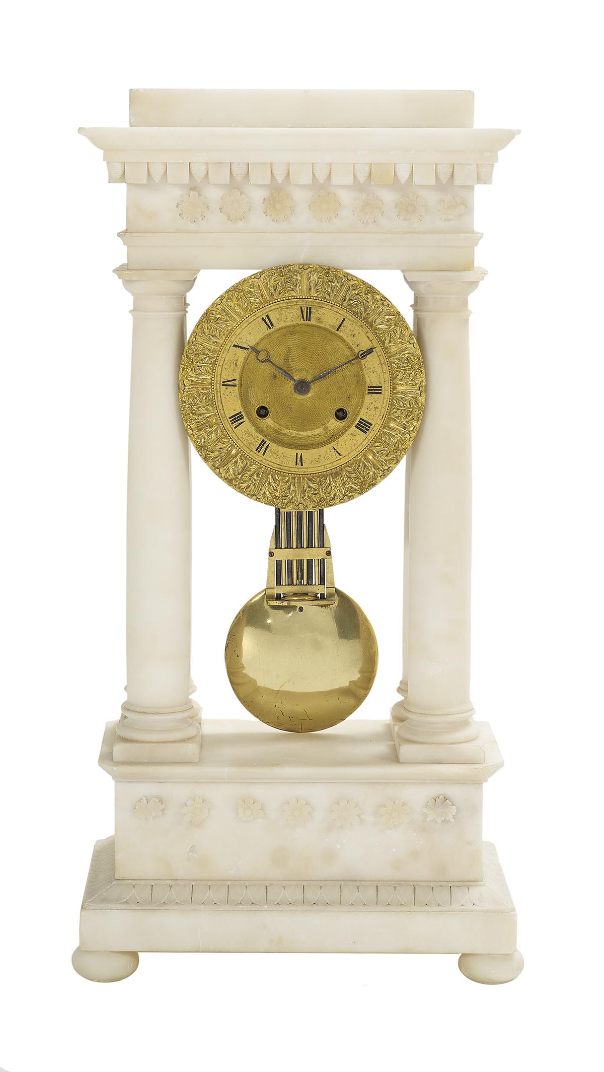 French Alabaster and Gilt-Bronze Portico Clock: French Alabaster and Gilt-Bronze Portico Clock second quarter 19th century, the case with Doric columns supporting a dentillated cornice, above a stepped and footed base, both the cornice and base wit