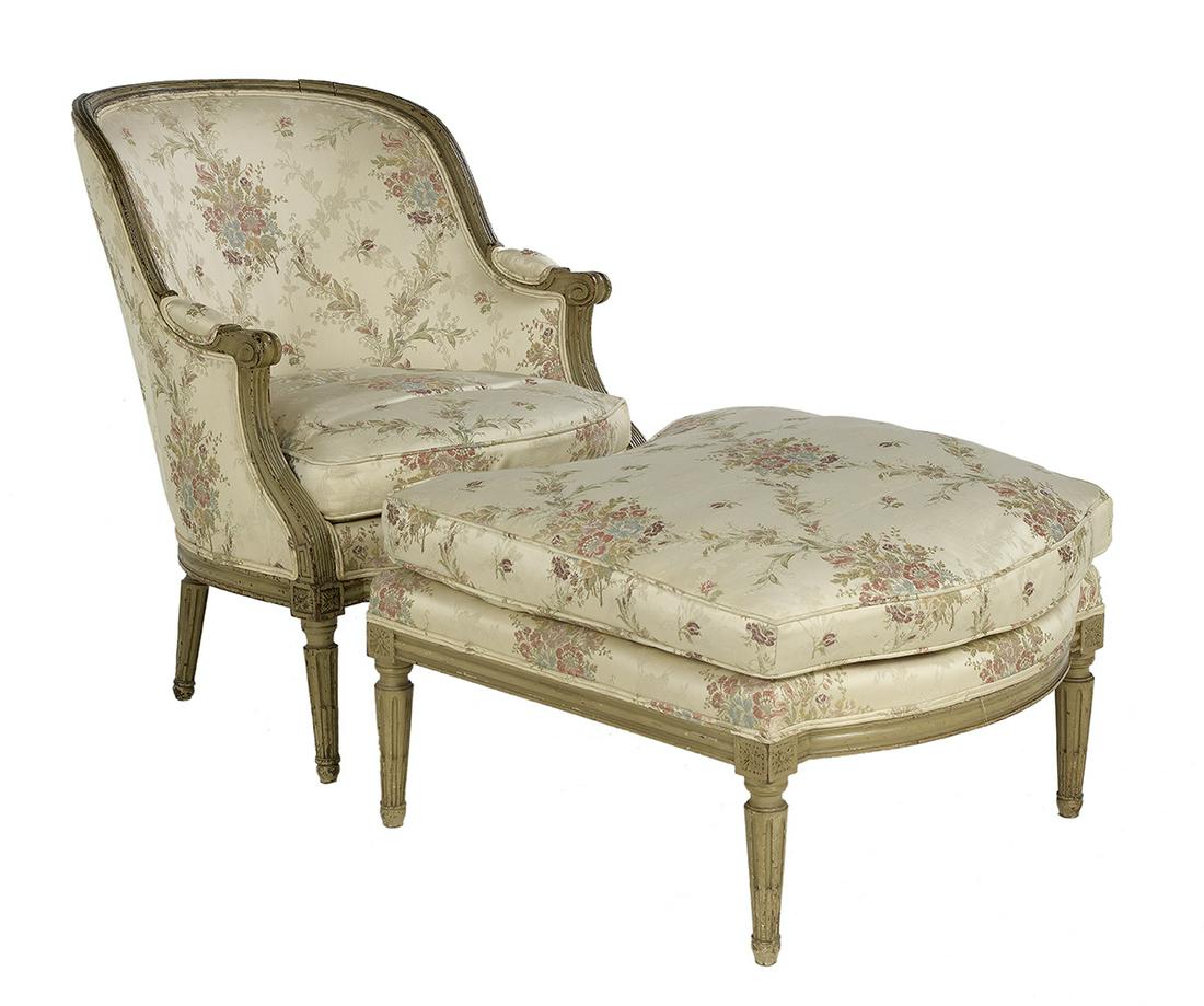 Louis XVI-Style Polychrome Duchesse Brisee: Louis XVI-Style Polychrome Duchesse Brisee ca. 1900, the bergere of barrel form, the molded back wrapping around to closed arms with scroll ends, with a bowed seat rail and fluted and stop-fluted legs
