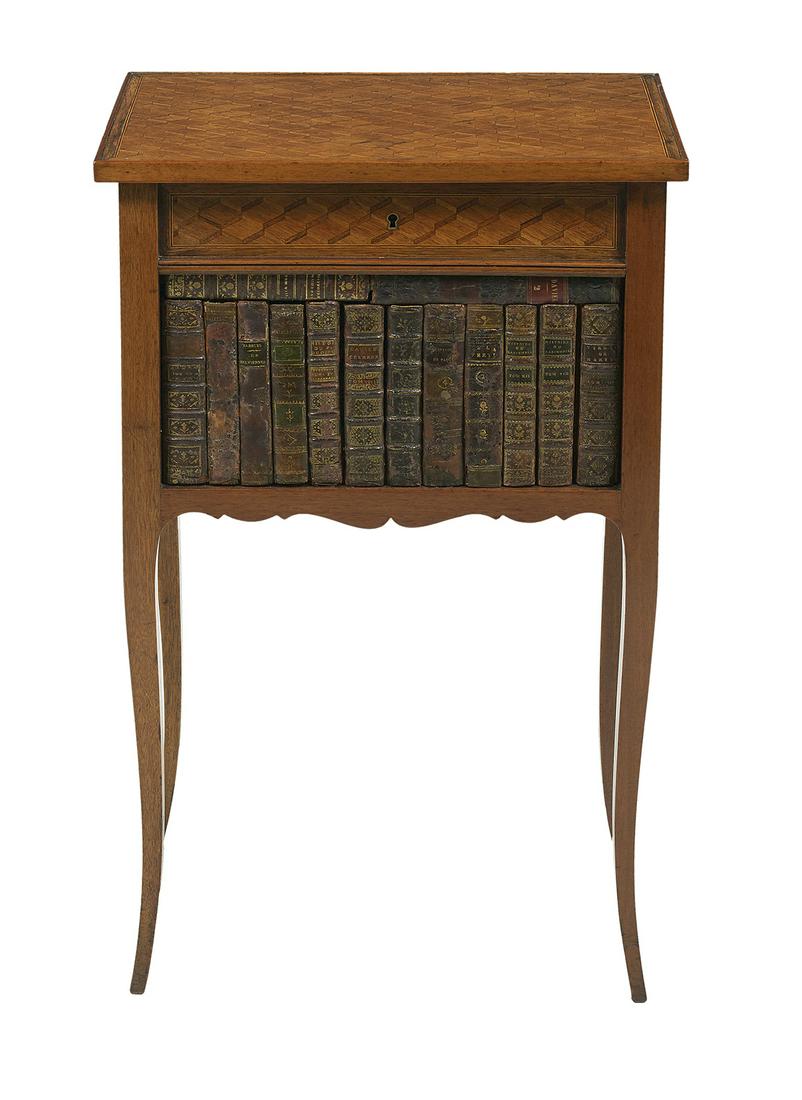 Transitional Louis XV/XVI-Style Occasional Table: Transitional Louis XV/XVI-Style Occasional Table early 20th century, the rectangular banded and parquetry-inlaid hinged top opening to a compartmented tray, removing to an open storage space, the fron