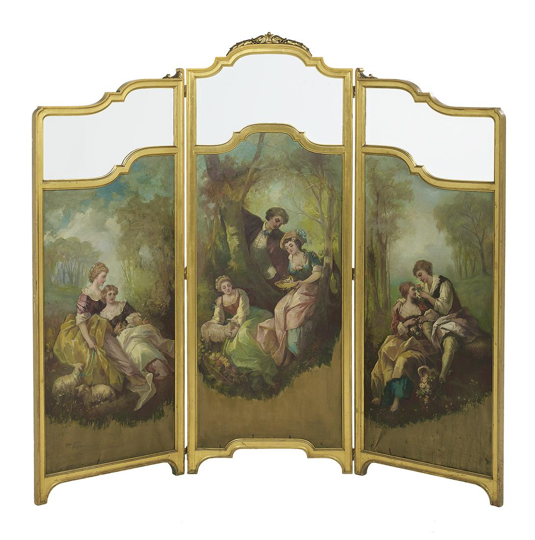 Decorative Three-Panel Screen: Decorative Three-Panel Screen ca. 1900, by J. Ernest Galvan (American, 1838-1915), in the manner of Francois Boucher (French, 1703-1770), each panel an oil on canvas bucolic scene of country life, top