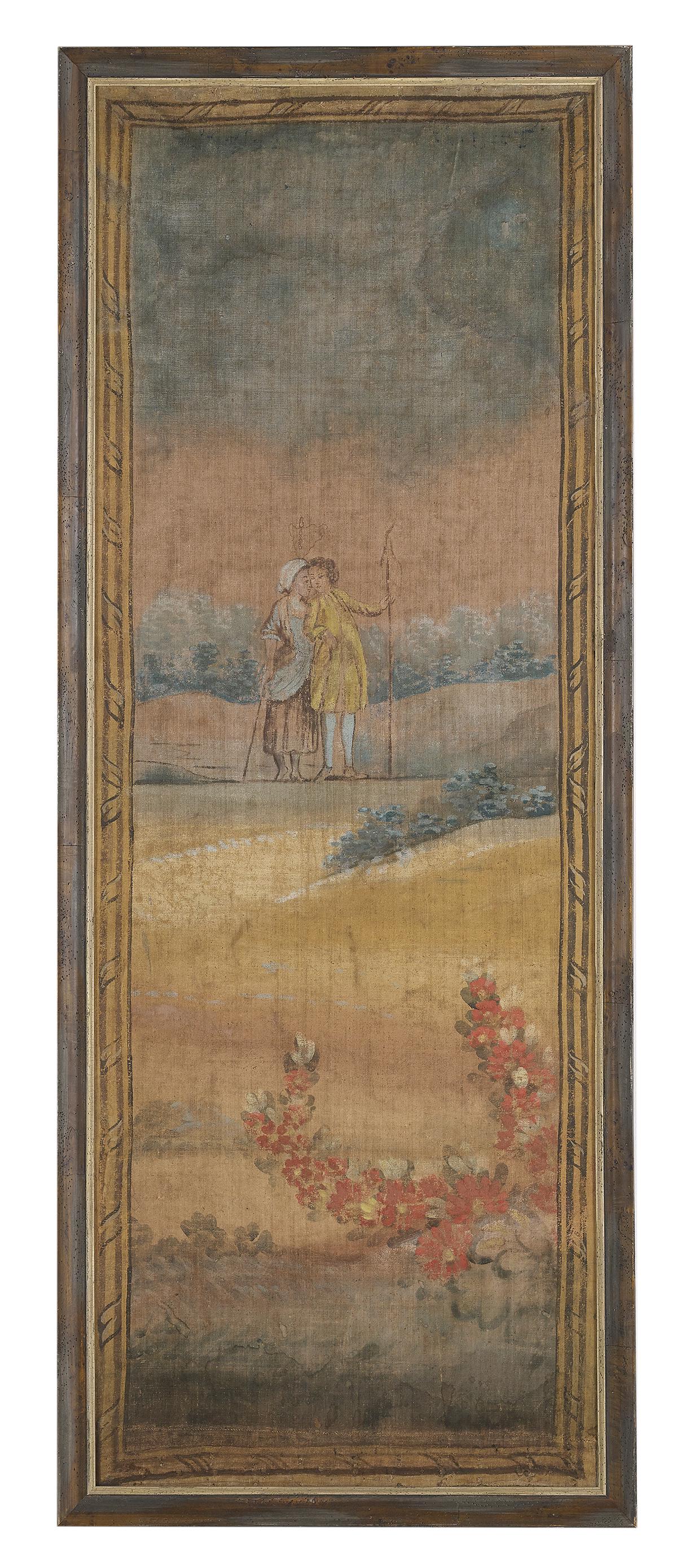 French School (late 18th/early 19th Century): French School (Fourth Quarter 18th/First Quarter 19th Century) "Cartoon for an Aubusson Tapestry" gouache and oil on rough-woven linen now laid down Framed. 70" x 25", framed 74" x 28-1/2"