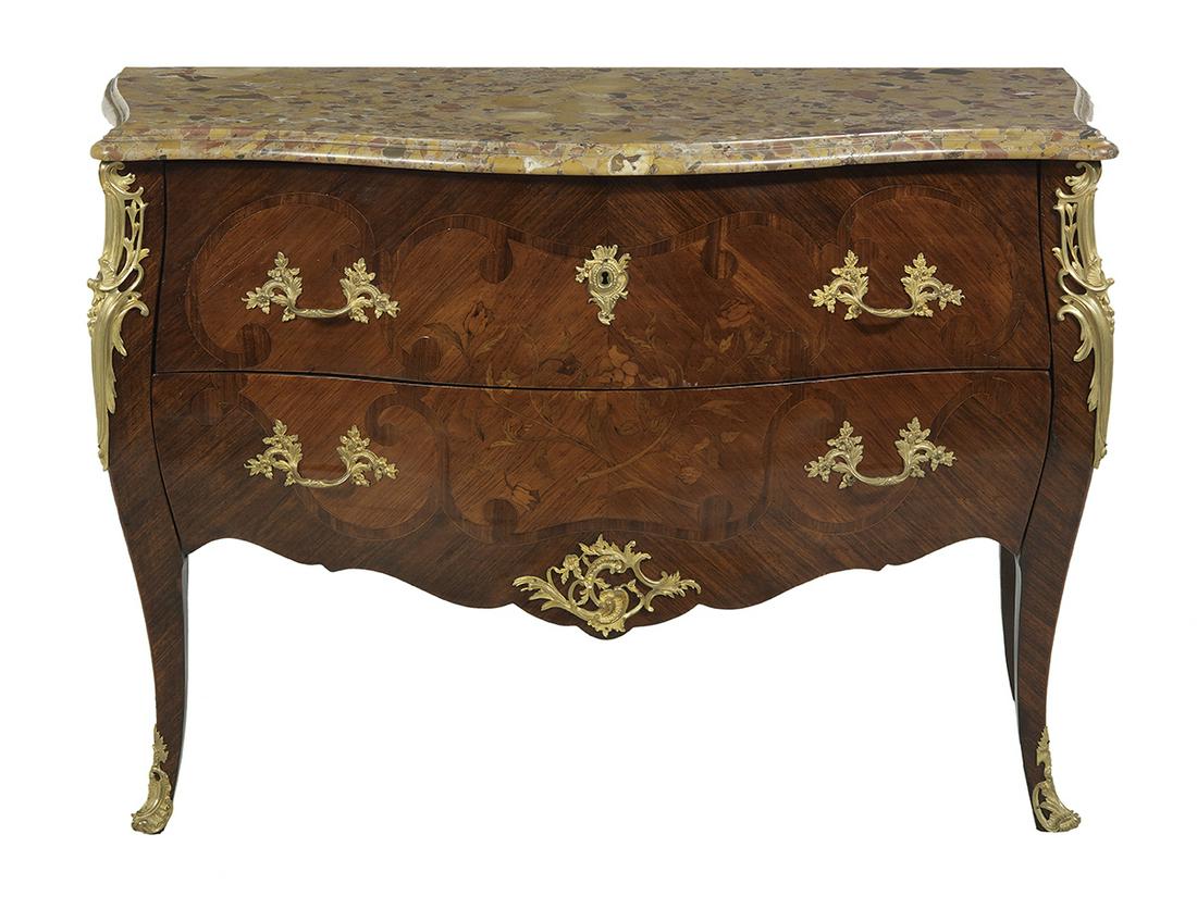 Louis XV-Style Kingwood and Marble-Top Commode: Louis XV-Style Kingwood and Marble-Top Commode late 19th century, the shaped Breche d'Alep marble top above a conforming bombe case fitted with two long drawers with decorative banding and centered by