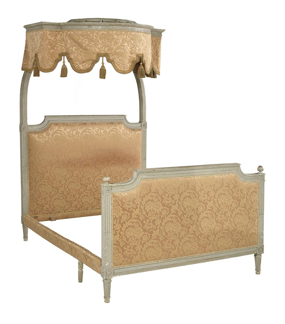 Louis XVI-Style Polychrome Bed: Louis XVI-Style Polychrome Bed early 20th century, the molded demi-lune tester with a shaped fabric skirt with pendant tassels, joined by shaped supports to the padded canted rectangular headboard, jo