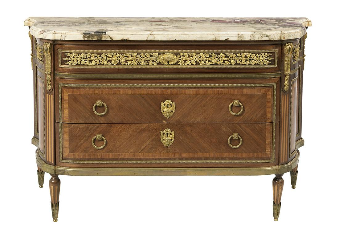 Louis XVI-Style Mahogany and Marble-Top Commode: Louis XVI-Style Ormolu-Mounted Mahogany and Marble-Top Commode late 19th century, the top drawer with "grape and vine" mounts, above two deeper long drawers, with serpentine sides and raised on turned