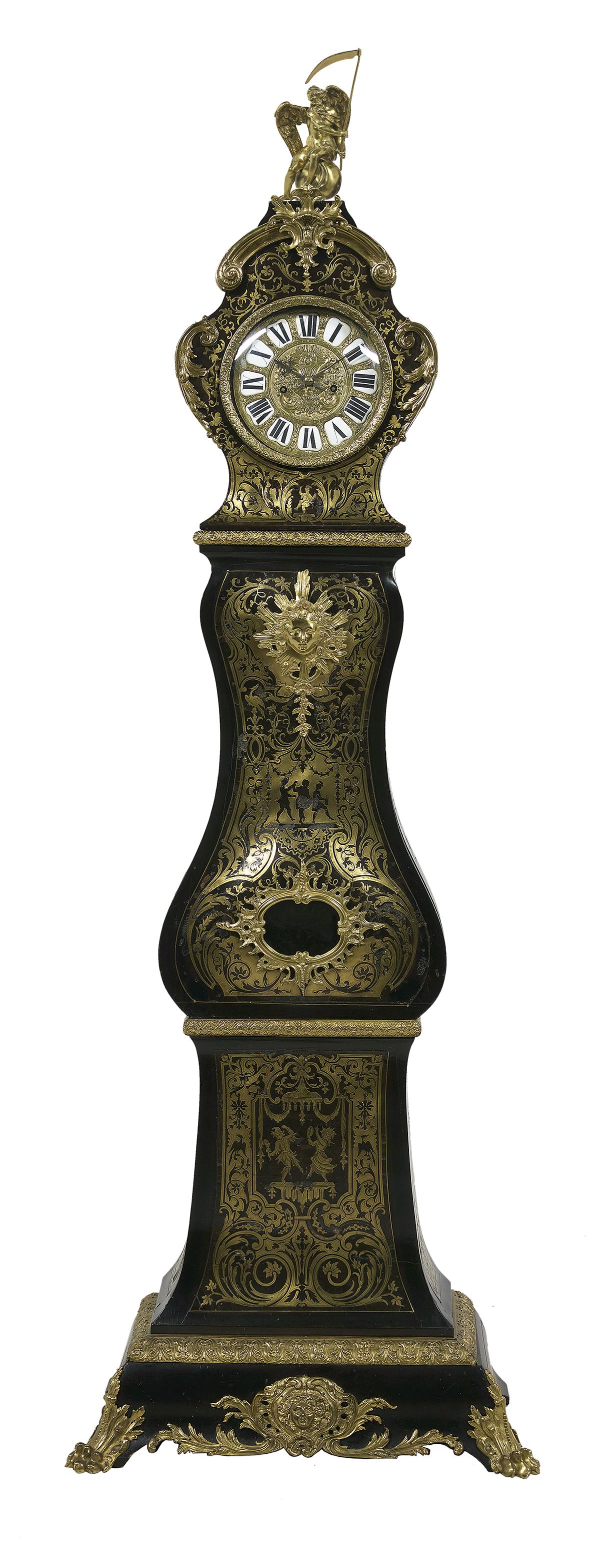 French Boulle Bombe Tall Case Clock: French Boulle and Ormolu-Mounted Bombe Tall Case Clock early 19th century, in the rococo style, the face with porcelain chapters, the time-and-strike movement with a spring chime. h. 91", w. 32", d. 1