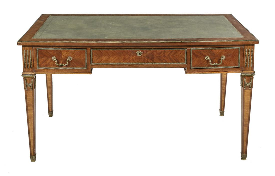 Louis XVI-Style Kingwood Writing Table: Louis XVI-Style Kingwood Writing Table early 20th century, the banded rectangular top with an inset leather surface and within an ormolu banding, above a conforming frieze fitted with a central drawer