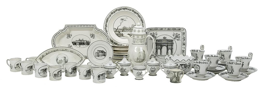 Collection of French Transfer-Printed Creamware: Assembled Collection of French Transfer-Printed Creamware first quarter 19th century, with various neoclassical patterns, some marked, including a coffeepot, h. 11", w. 6-1/4", fourteen soup plates, d