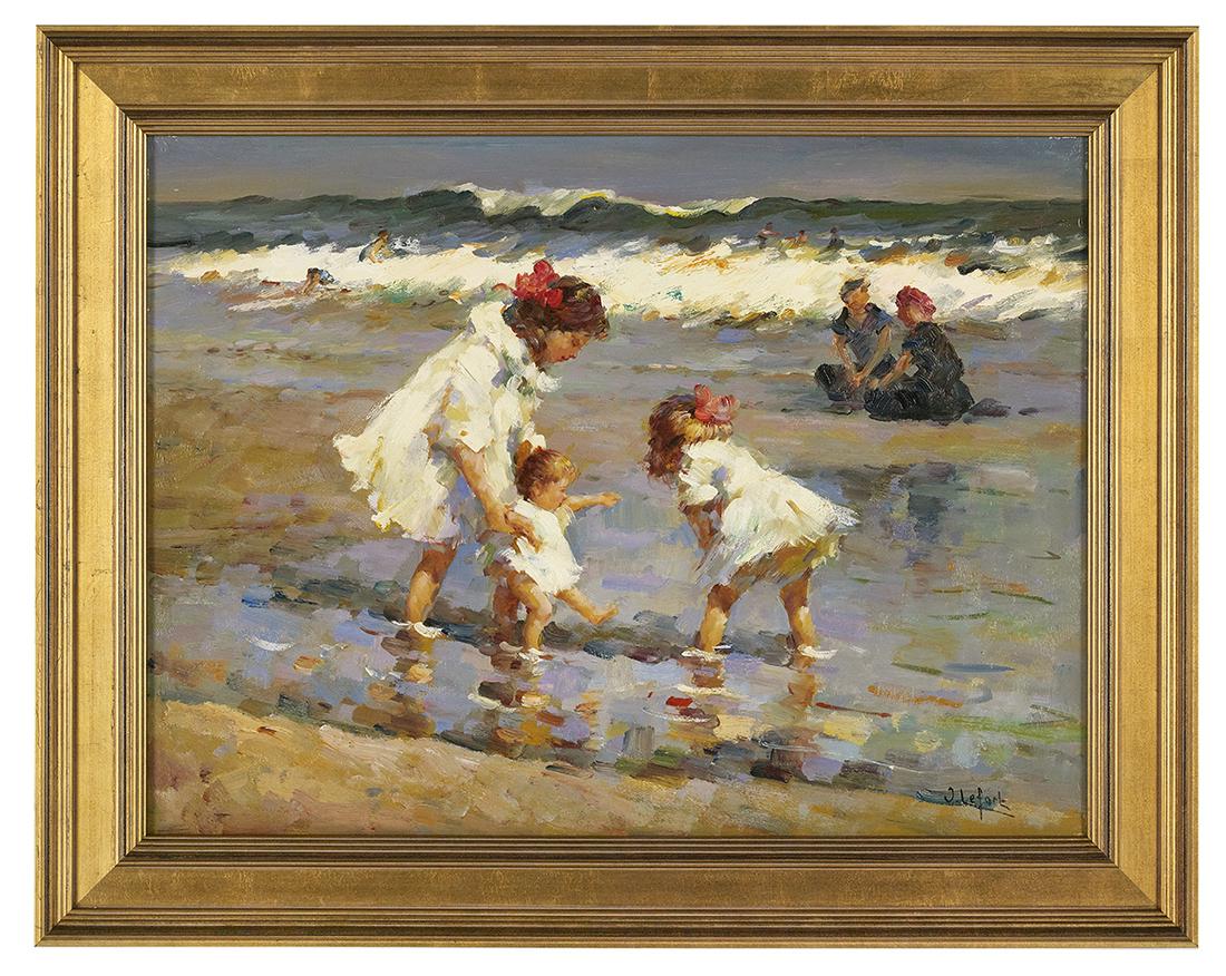 Jean Lefort (French, b. 1948): Jean Lefort (French, b. 1948) "Children Playing on the Beach" oil on canvas signed lower right and en verso stretcher. Framed. 23-1/2" x 31-1/2", framed 30-1/2" x 39"