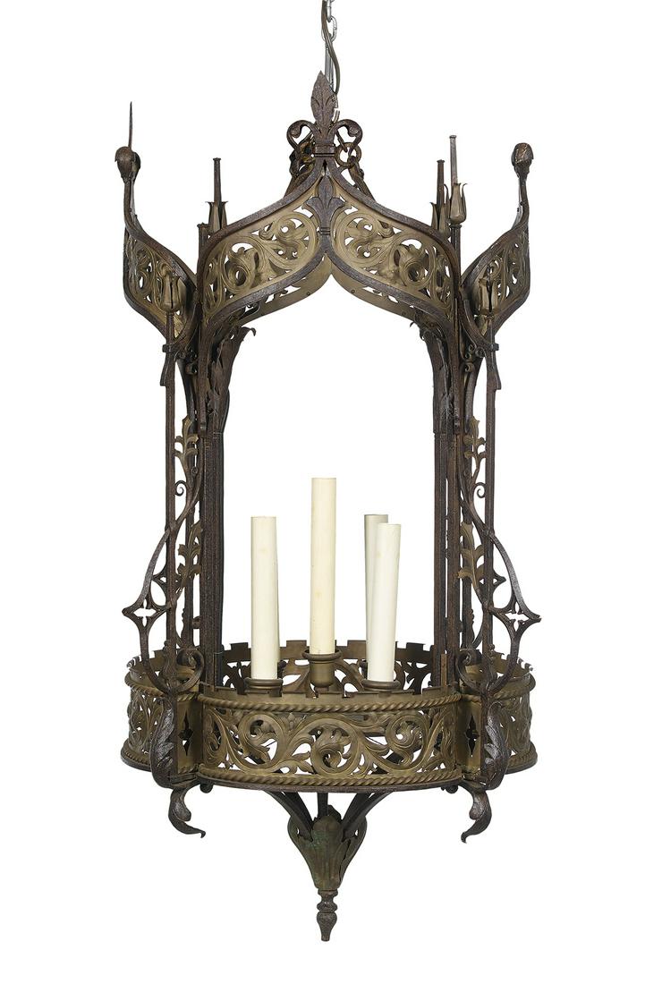 French Lantern in the Neo-Grec Taste: French Patinated Metal Lantern in the Neo-Grec Taste second quarter 20th century, the lantern with fleurs-de-lis and Moorish crests and tulip-form finials above panels of pierced leafage, the corners