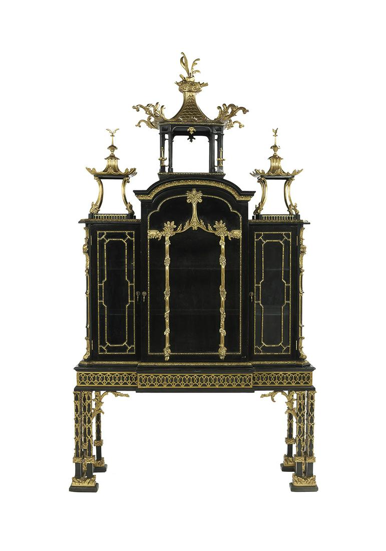 Replica of Chippendale's Kenure Cabinet on Stand: Monumental Replica of Thomas Chippendale's Kenure Cabinet on Stand 20th century, the ebonized and parcel-gilt cabinet in the Chinese Chippendale taste, with a large open pagoda-form structural crest f
