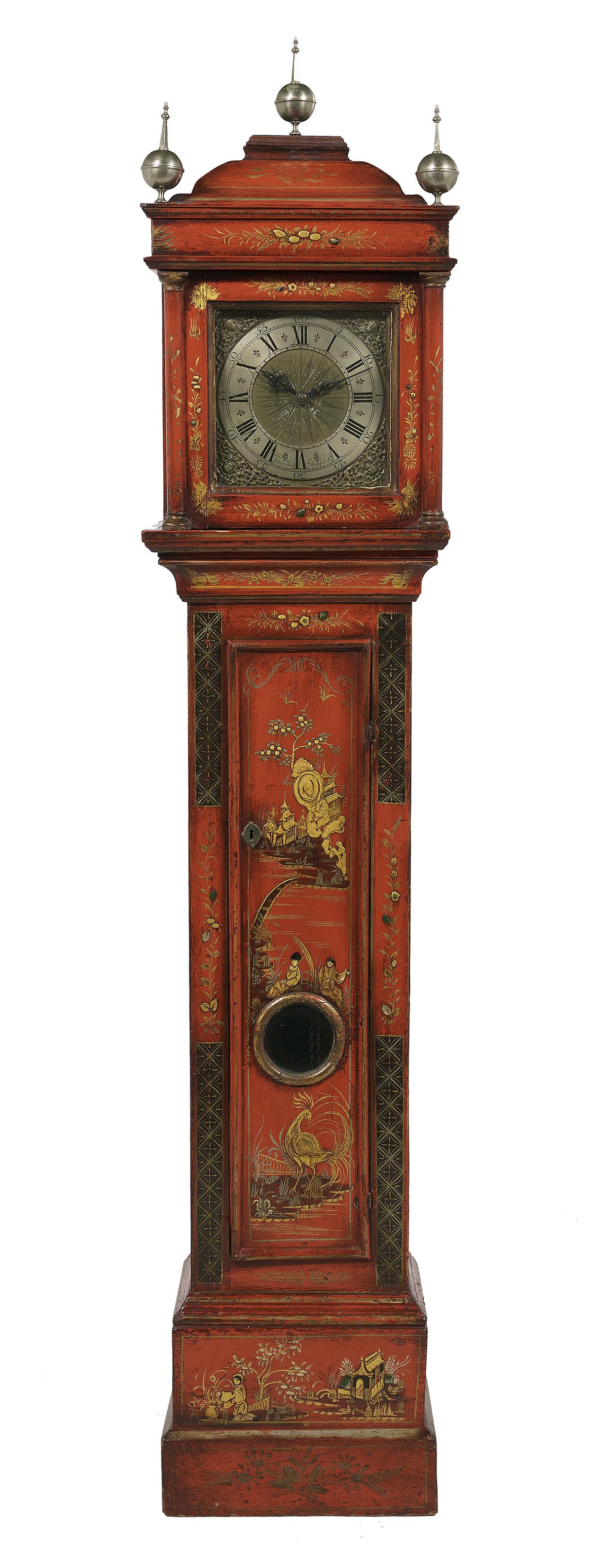 George III Red Chinoiserie Tall Case Clock: George III Red Chinoiserie Tall Case Clock 18th century, the molded hood with three steeple finials, the dial signed "Arthur Hurt - Ashford", with a time-and-strike 30-hour brass movement. h. 81", w. 