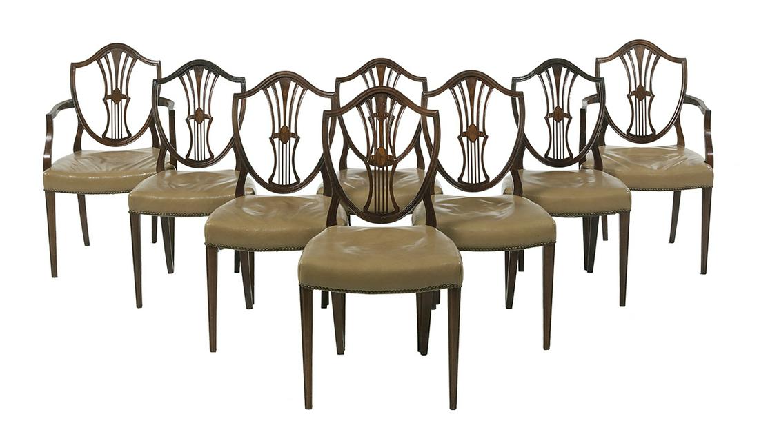 Eight George III-Style Mahogany Dining Chairs: Suite of Eight George III-Style Mahogany Dining Chairs 19th century, in the Adam taste, consisting of two armchairs and six side chairs, each with a shield-form back with slatted center and patera inl