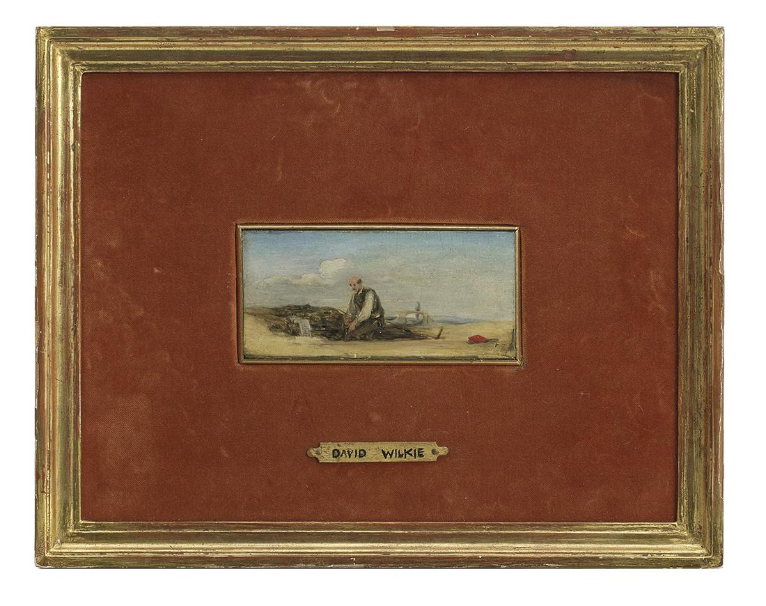 Attr. to Sir David Wilkie (British, 1785-1841): Attributed to Sir David Wilkie, R.A. (British, 1785-1841) "The Gravedigger; Hamlet, Act V, Scene I", ca. 1840 oil on beveled wood panel faint inscription en verso with artist, title and date. Framed.
