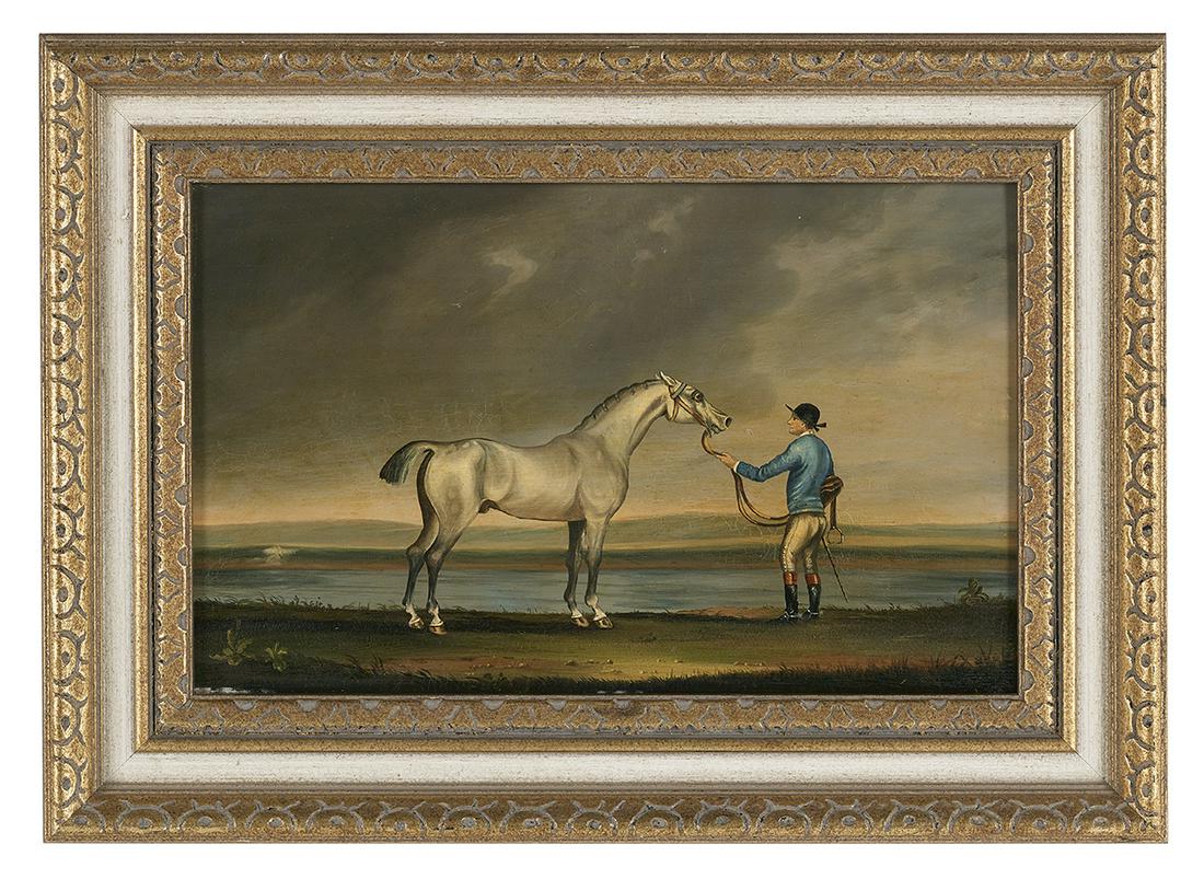British School (Mid-18th Century): British School (Mid-18th Century) "Crab, Champion Sire and Racehorse (1722-1750)" oil on wood panel unsigned, a typewritten inscription of horse and provenance en verso. Framed. 11" x 17", framed 16-1