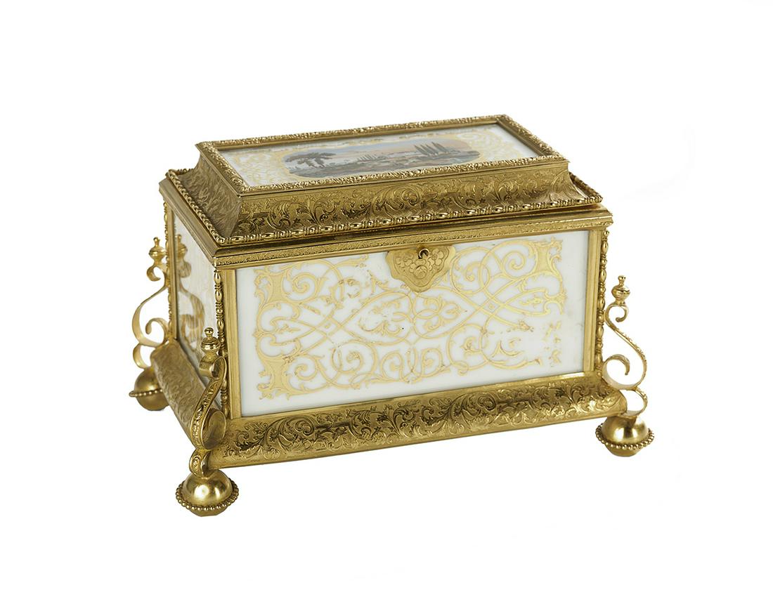 Rare Gilt-Brass and Opaline Glass Jewel Casket: Rare Gilt-Brass, Eglomise and Opaline Glass Jewel Casket in the Elizabethan Style mid-19th century, probably English, the brass frame molded with scrollwork on a stippled ground, the sides and cover s