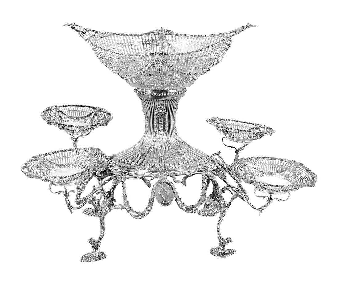 George III and Later Sterling Silver Epergne: George III and Later Sterling Silver Epergne hallmarked London, 1776-1777, by Emick Romer, the small baskets and one arm Victorian replacements hallmarked London, 1879-1880, by George Fox, the waisted