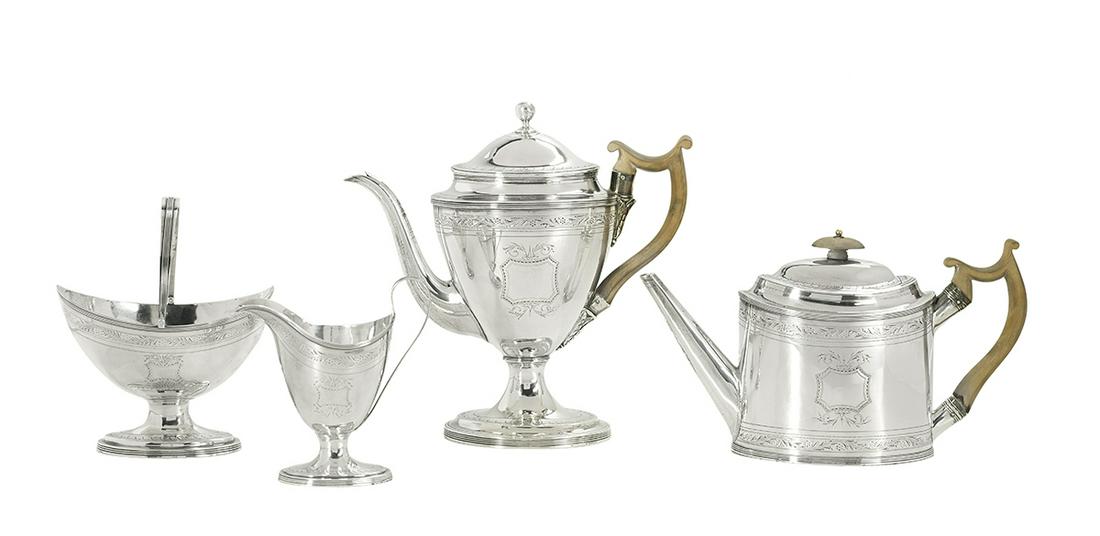 George III Sterling Silver Tea and Coffee Set: George III Sterling Silver Tea and Coffee Set hallmarked London, 1794-1797, by Peter and Anne Bateman, including: a teapot, h. 6", l. 11", w. 4"; a coffeepot, h. 10", l. 10", w. 4-3/4"; a sugar basket