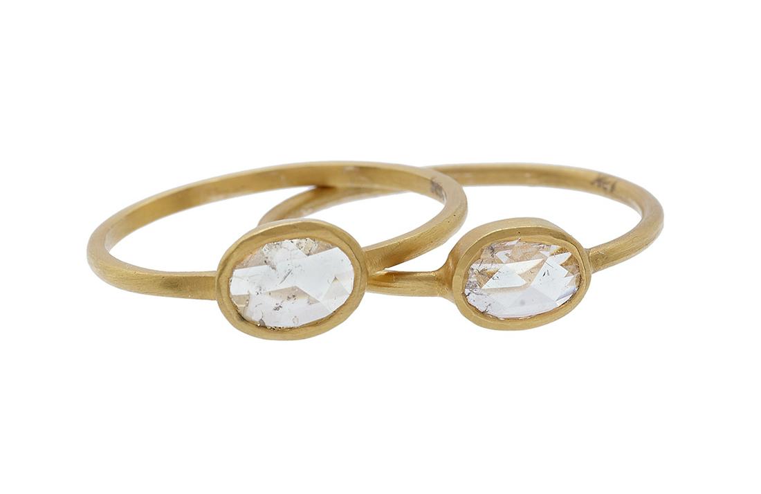 Two Stackable Diamond Rings: Two Stackable Diamond Rings 18k yellow gold, the delicate and stackable rings mounted with rose-cut diamonds weighing approximately 0.80 carats in total. size 6-1/4 and 6-3/4, total weight 2.3 grams