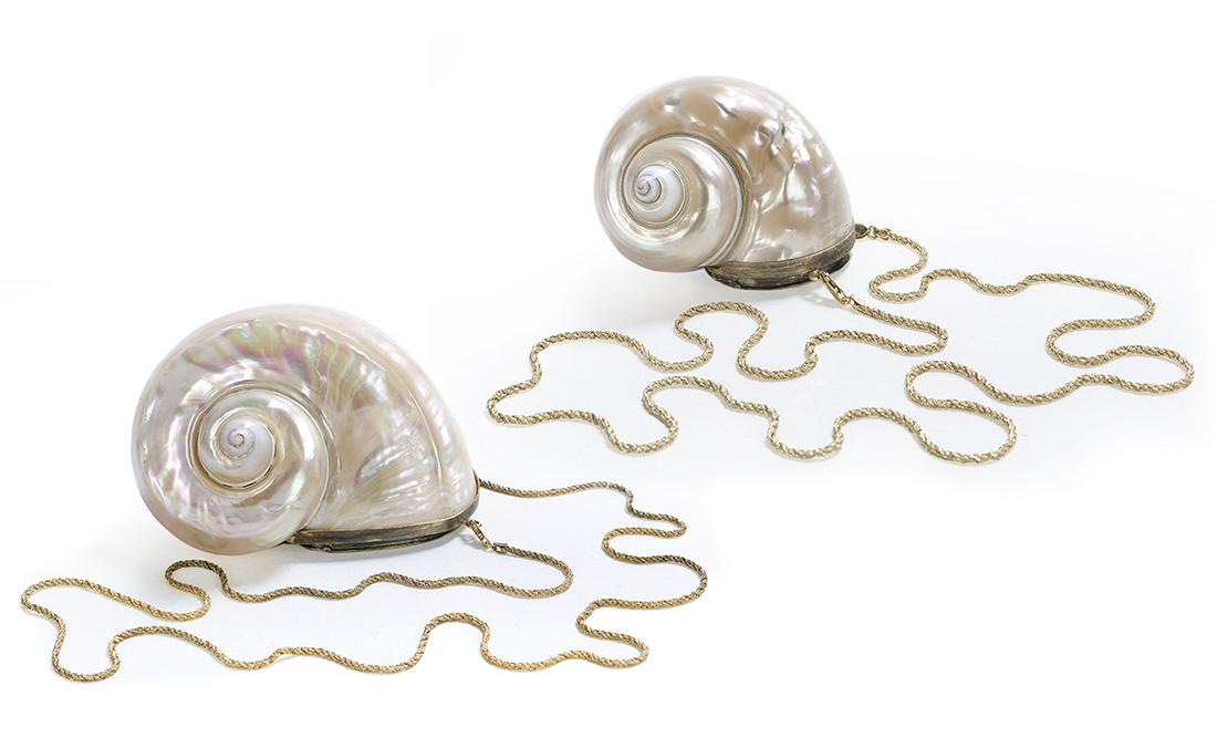 Two Judith Leiber Natural "Shell" Minaudieres: Two Judith Leiber Natural "Shell" Minaudieres medium one with brushed vermeil frame, hinged cover and drop-in removable chain, with natural, unlined interior, the cover marked "Judith Leiber/925/the m