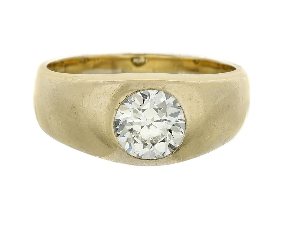 Diamond Ring: Diamond Ring 14k yellow gold, the domed band mounted with a bezel-set European-cut diamond weighing approximately 1.15 carats, approximate color G and clarity VS1. size 6-1/2, total weight 8.0 grams