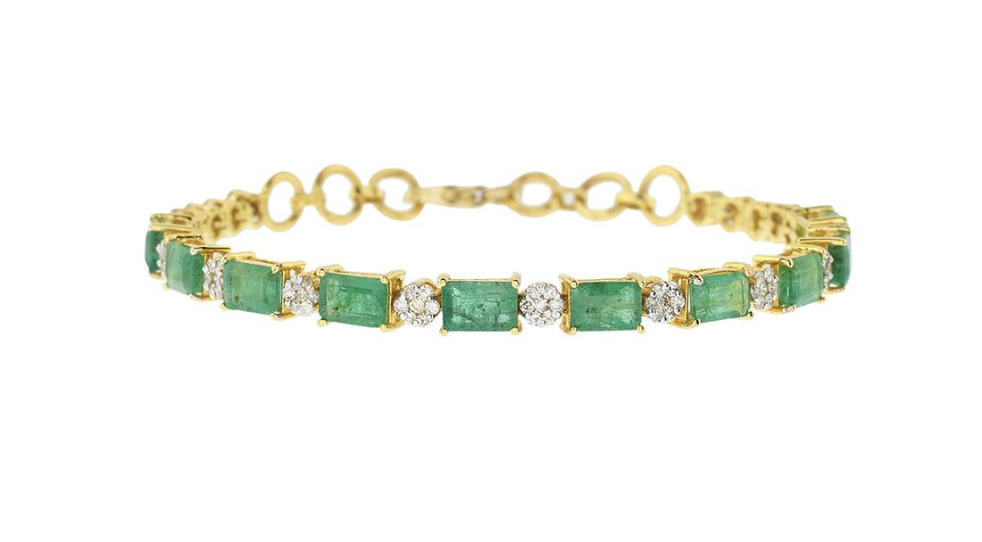 Emerald and Diamond Bracelet: Emerald and Diamond Bracelet 18k yellow gold, the bracelet mounted with emerald-cut natural emeralds weighing approximately 5.60 carats in total, accented by round brilliant-cut diamonds weighing appr
