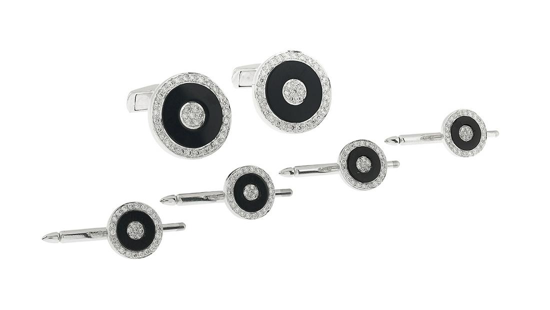Onyx and Diamond Dress Set: Onyx and Diamond Dress Set 18k white gold, the cufflinks and studs composed of black onyx and accented with round brilliant-cut diamonds weighing approximately 1.12 carats in total. cufflink l. 1", to