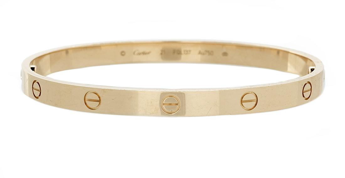 Gentleman's Cartier "Love" Bracelet: Gentleman's Cartier "Love" Bracelet 18k rose gold, the bracelet stamped "Cartier, 21 FQL137 AU750 db", with the original screwdriver, inner box, outer box and papers. inside circumference 8", total we