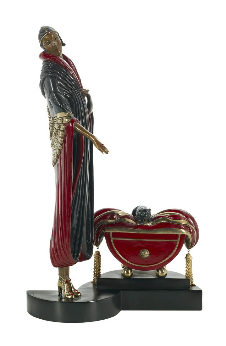 Erte (Russian/French, 1892-1990): (Romain de Tirtoff) Erte (Russian/French, 1892-1990) "Caramelle", 1990 patinated and cold-painted bronze incised signature at proper right side of base, marked "Chalk and Vermillion and SevenArts", da