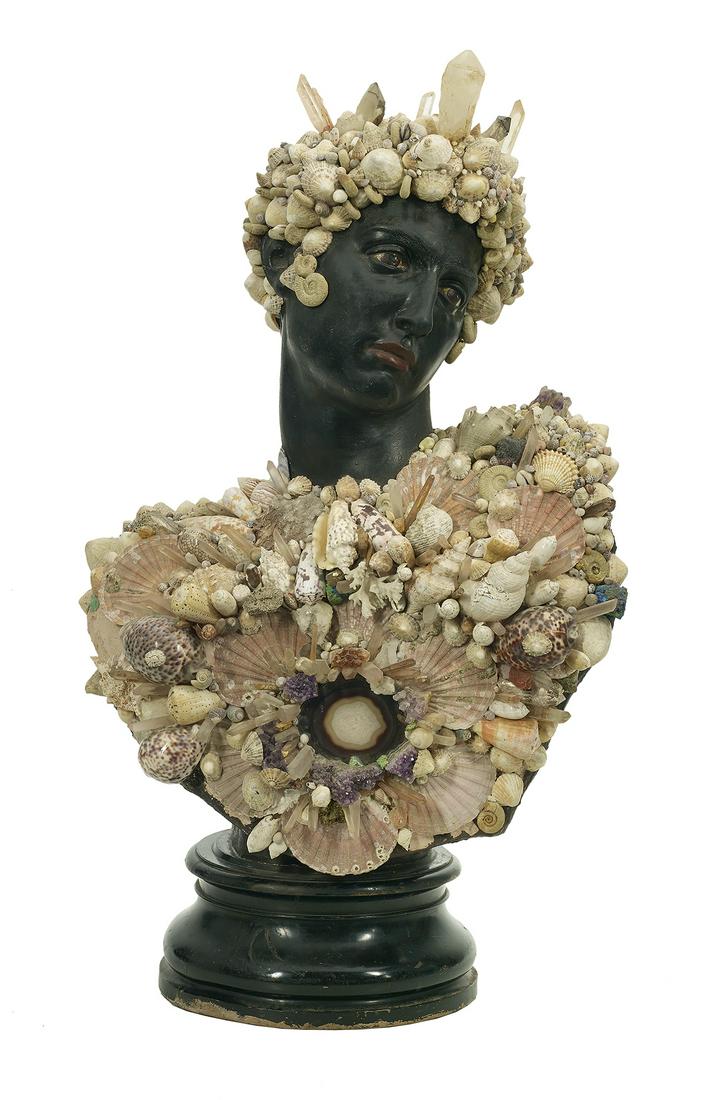 Shell-Encrusted Ebonized Cast Stone Bust: Exceptional Shell-, Fossil- and Crystal-Encrusted Ebonized Cast Stone Bust 1970s, attributed to Anthony Redmile (British, b. 1940), the face probably based on Michelangelo's David, his chest and hair