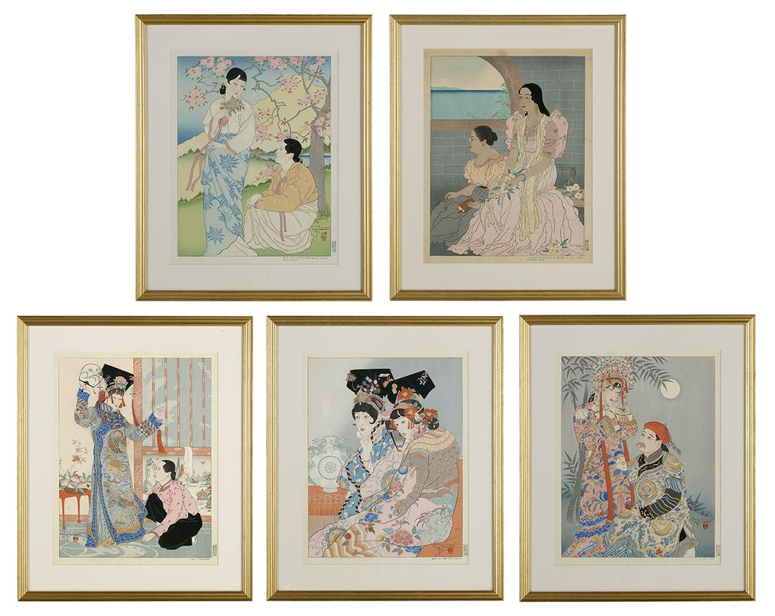 Paul Jacoulet (French, 1902-1960): Paul Jacoulet (French, 1902-1960) "Dans les Jardins Reserves du Palais Seoul: Coree", "La Favorite", "Dans la Loge Officielle", "Avant l'Audience" and "Joaquina et sa Mere au Sermon du Pere, Pons Rota