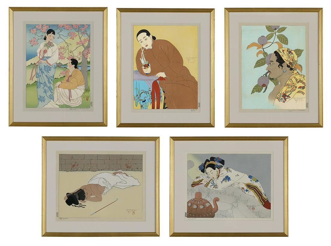 Paul Jacoulet (French, 1902-1960): Paul Jacoulet (French, 1902-1960) "Fumees de Santal, Mandchoukuo", "La Pipe a Eau, Chinoise", "Homme de Menado et Mangoustans", "Dans les Jardins Reserves du Palais, Seoul: Coree", and "Retour d'un Ba