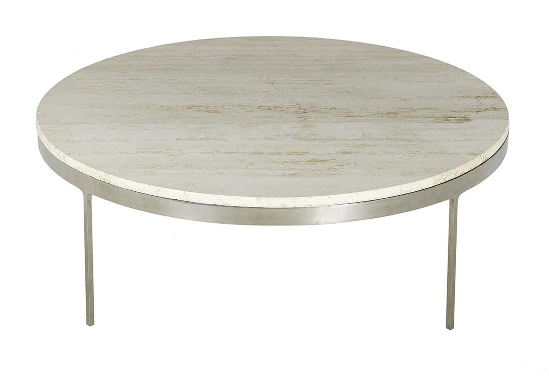 Nicos Zographos Steel and Travertine Coffee Table: Custom Nicos Zographos Steel and Travertine Coffee Table second half 20th century, the circular travertine top above a conforming polished steel base. h. 15-3/4", dia. 42" Provenance: Commissioned for