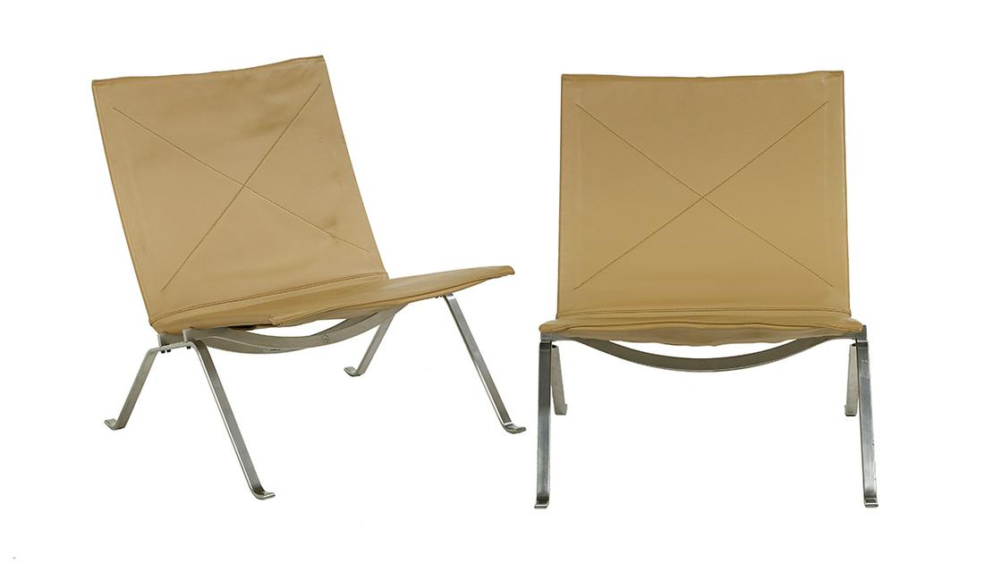 Pair of Poul Kjaerholm "PK22" Lounge Chairs: Pair of Poul Kjaerholm "PK22" Leather and Steel Lounge Chairs 2003, satin-brushed steel frame with cognac leather, manufactured by Fritz Hansen and distributed by Knoll Studio and so labeled, the fram