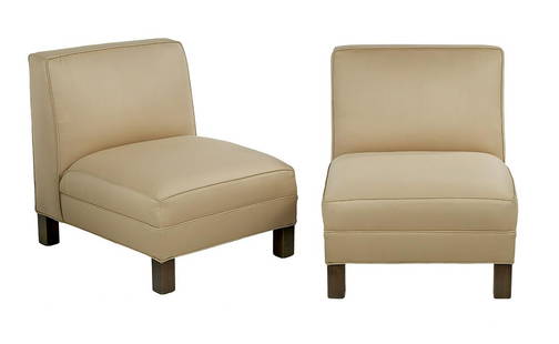 Pair of Slipper Chairs, attr. to Billy Haines: Pair of Slipper Chairs, Attributed to William "Billy" Haines ca. 1940, with stained wood block feet, upholstered in pale gold wool and silk. h. 28-3/4" Provenance: Estate of Jimmy Stewart, Los Angeles