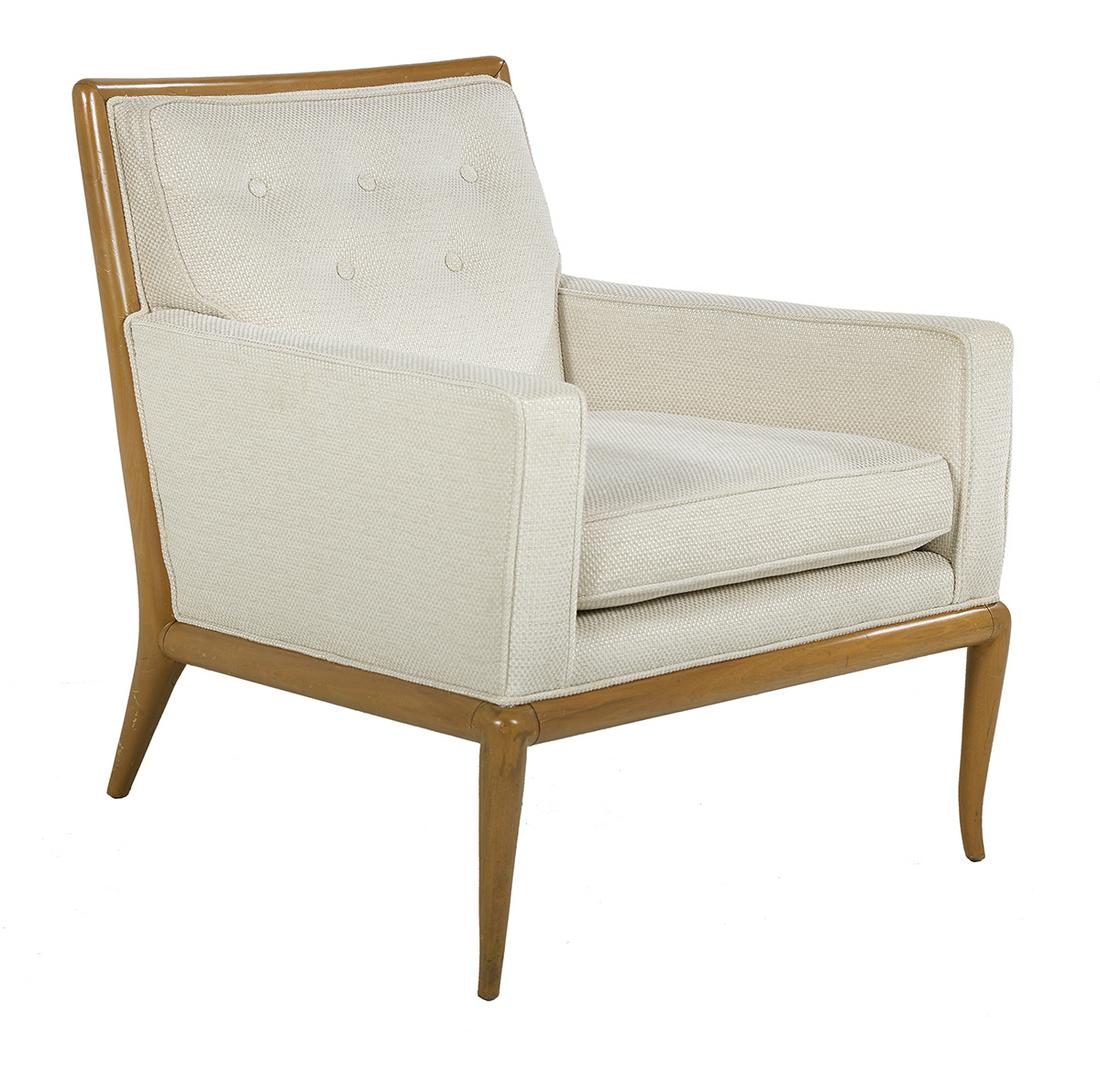 Robsjohn-Gibbings Walnut "WMP" Lounge Chair: Vintage T.H. Robsjohn-Gibbings Walnut "WMP" Lounge Chair 1950, for Widdicomb, upholstered in ecru basketweave cotton. h. 30" Provenance: H. Russell Albright, M.D., New Orleans, Louisiana; thence to th