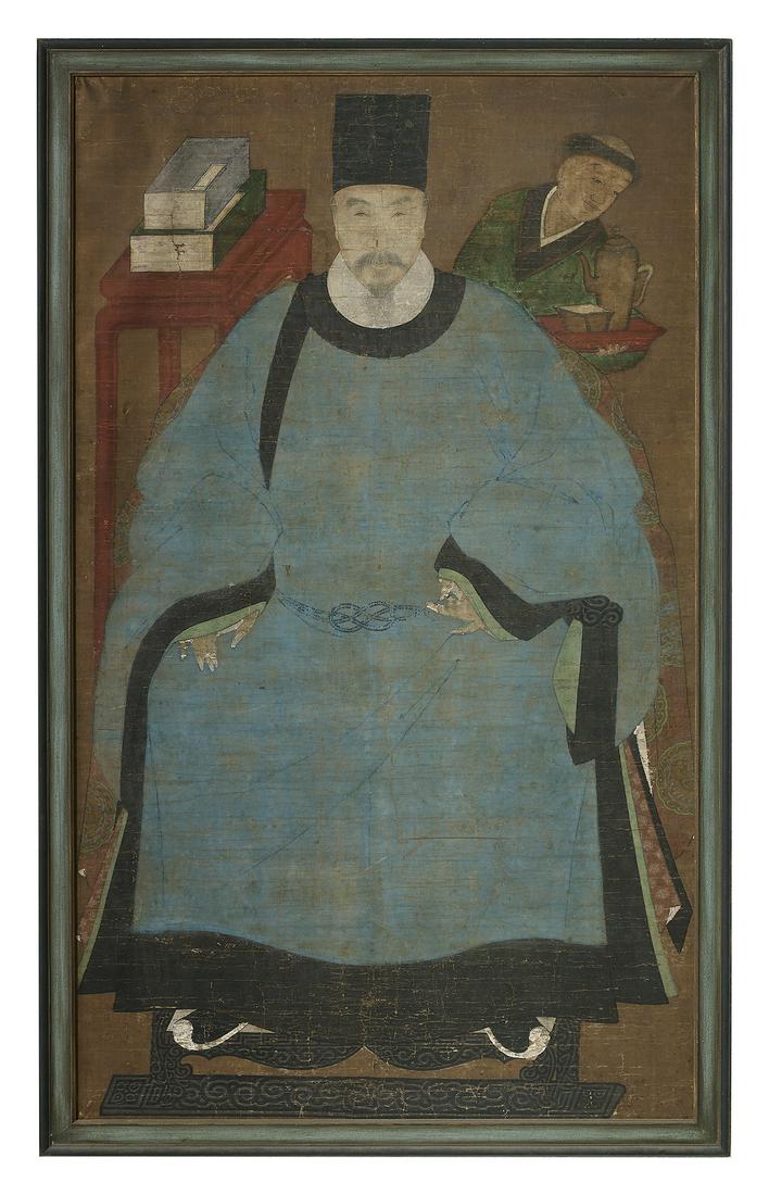 Korean Ancestor Portrait of a Scholar: Korean Ancestor Portrait of a Scholar probably 19th century, ink and color on silk, the imposing figure depicted sitting, dressed in traditional formal attire of blue robe with black trim and hat, wit