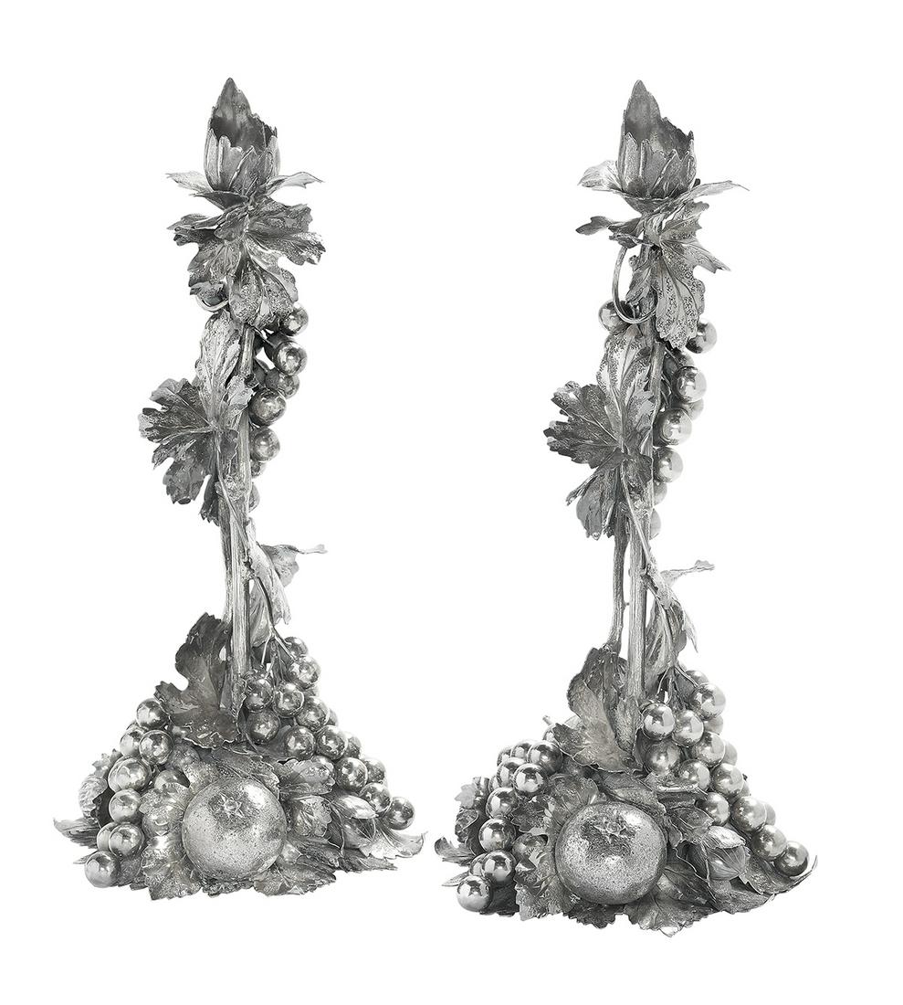 Pair of Buccellati Sterling Candlesticks: Pair of Mario Buccellati "Naturalistic" Grapevine Sterling Silver Candlesticks fourth quarter 20th century, Milan, Italy, in the form of realistically detailed grapevines and clusters, the base with o