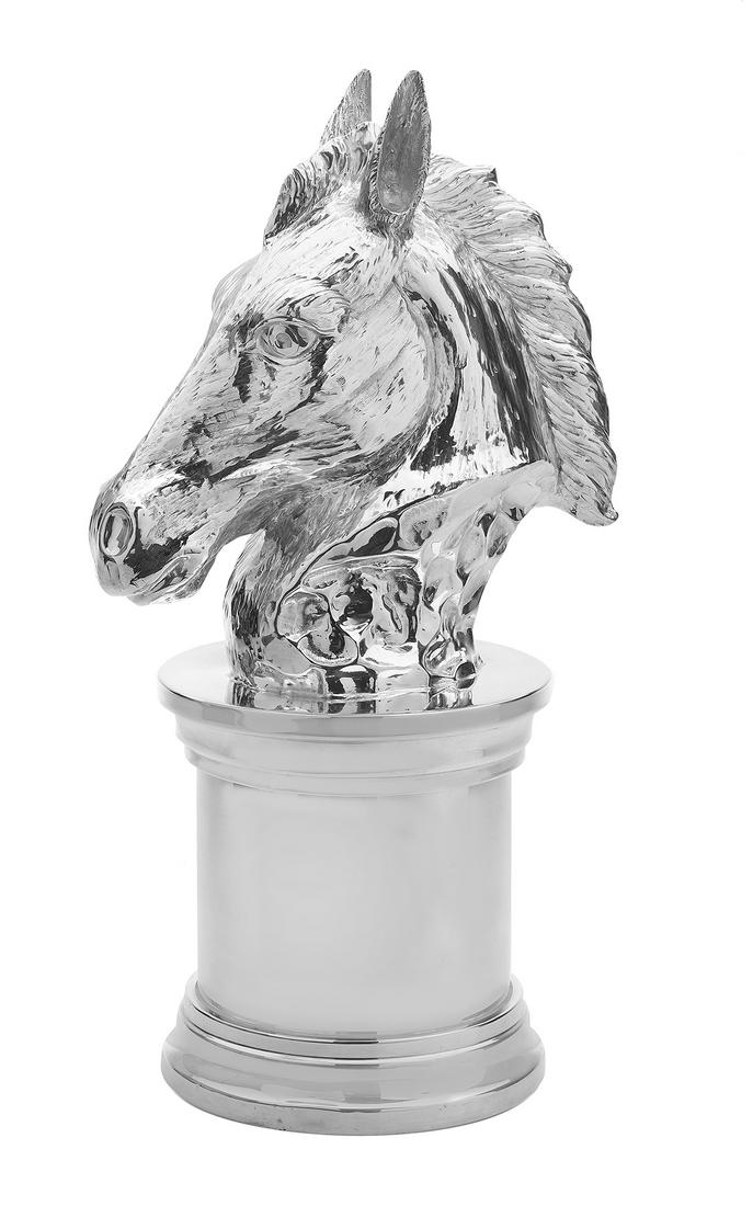 Franco Lapini Silverplate "Horse Head" Ice Bucket: Franco Lapini Silverplate "Horse Head" Ice Bucket/Wine Cooler contemporary, Florence, in the form of a realistically detailed horse head on a pedestal, the capital lifting to the plastic liner. h. 24"