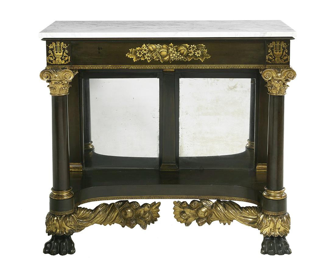American Classical Marble-Top Pier Table: American Classical Mahogany and Marble-Top Pier Table second quarter 19th century, New York, the marble top over a lyre- and fruit-and-leaf- stenciled frieze, on columns with gilt Corinthian capitals,