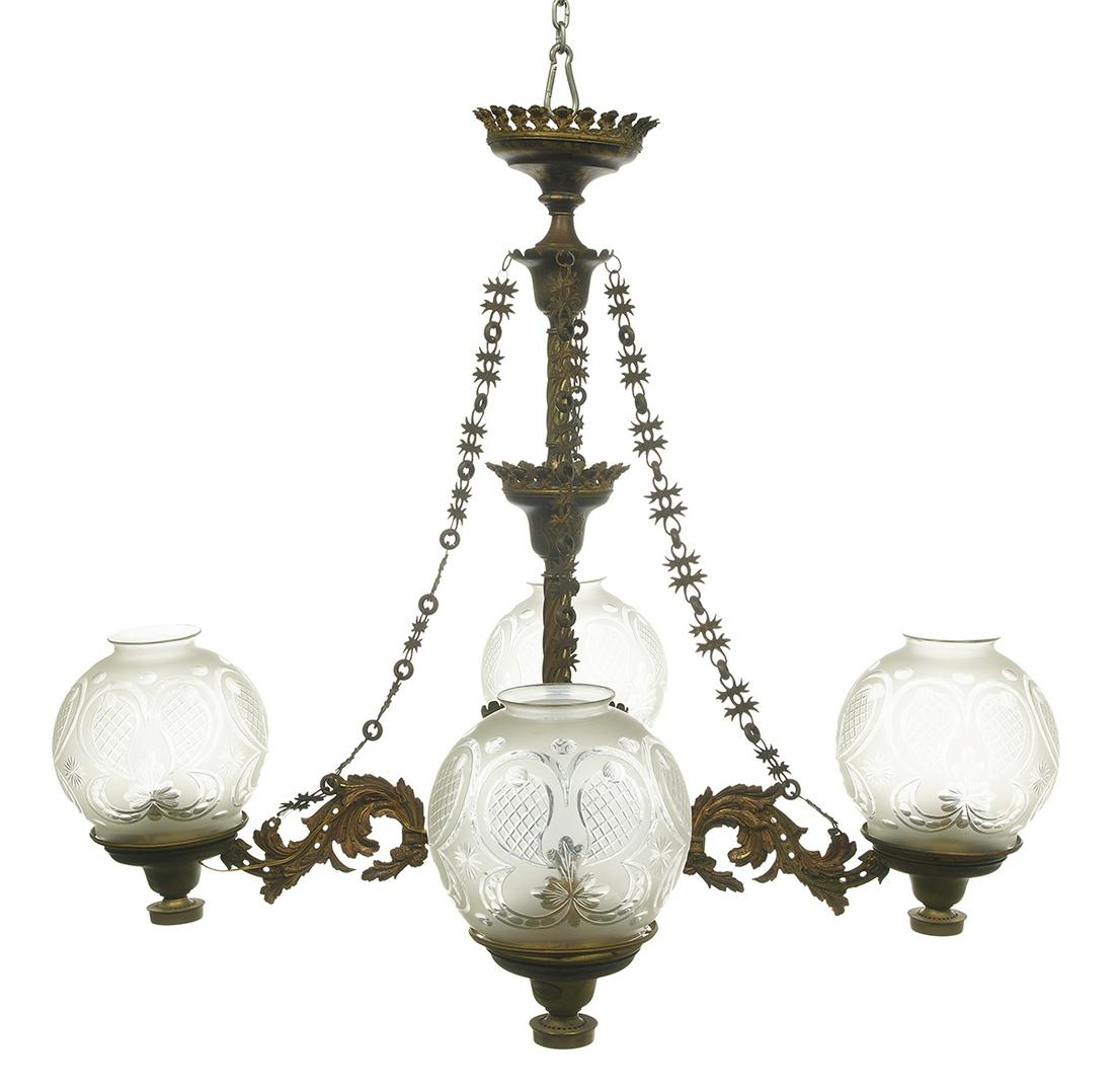 Rare Cornelius & Baker Solar Chandelier: Rare Cornelius & Baker Brass, Bronze and Glass Solar Chandelier ca. 1851-1861, Philadelphia, retaining a rich damascene surface, the spiral-reeded standard set with brass fittings with Moorish decorat